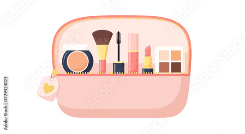 Illustration of a makeup bag with various cosmetic products inside it