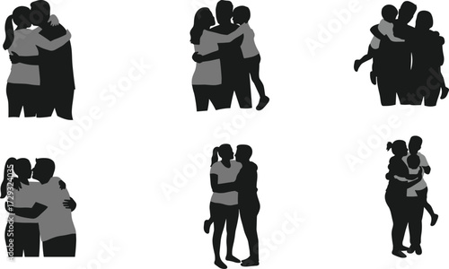 Black and white silhouette illustration of romantic couple embracing in different poses, love relationship intimacy concept, affectionate people vector design