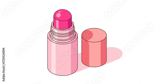 Illustrative pink beauty balm stick with detached cap on white background