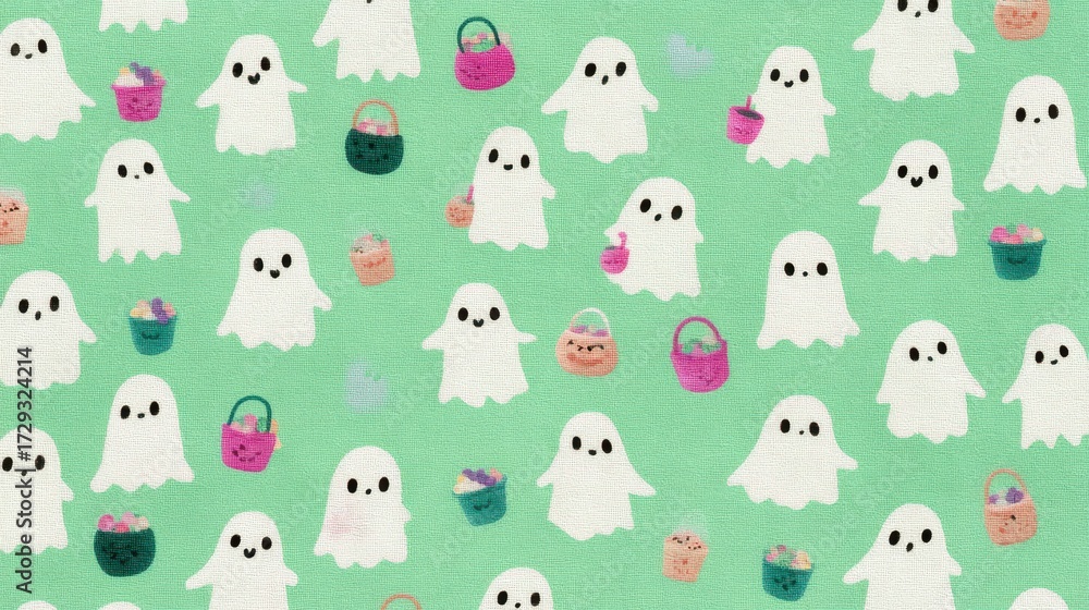 Fototapeta premium Cute Ghost Pattern on Mint Green Background for Festive Decor