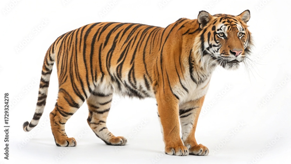 Fototapeta premium Malayan Tiger with orange coat, black stripes, muscular build, and piercing eyes, standing on a clean white studio background, sharp focus, professional lighting, detailed wildlife photography