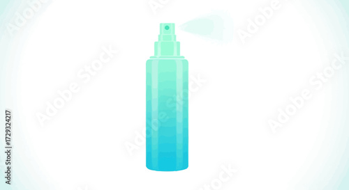 Isolated gradient blue spray bottle with dispersing mist on white background