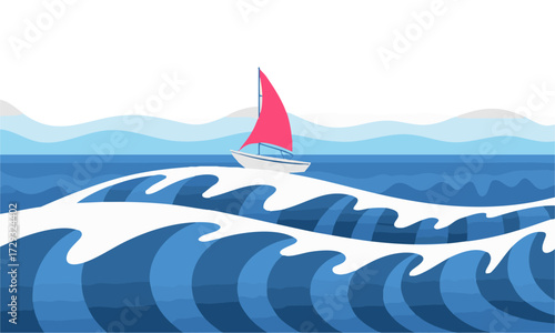 Minimal Sailboat on Striped Blue Waves Flat Vector illustration Seascape, easily editable.