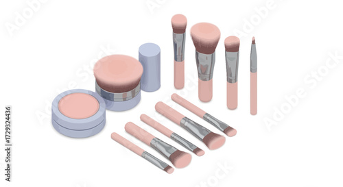 Isometric presentation of professional makeup brush set on white background