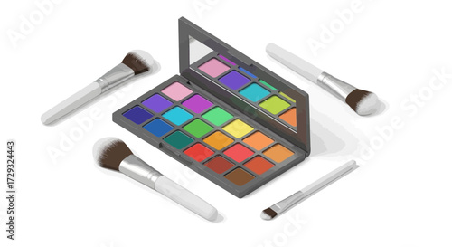 Isometric view of a makeup palette and brushes isolated on white backdrop