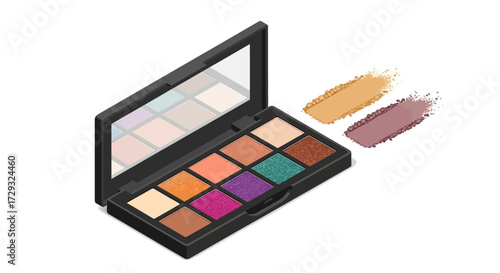 Isometric view of an eyeshadow palette, showcasing an array of shades