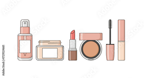 Minimalist vector illustration of a set of feminine beauty products