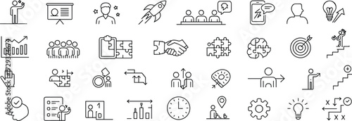 Business and productivity icons, personal development symbols, black and white line art, teamwork and strategy graphics, minimal growth visuals, leadership vector set