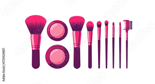 Selection of colorful cosmetic brushes and compact blushers collection