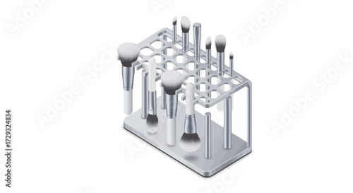 Silver-toned cosmetic brushes arranged in a sleek, matching organizer rack
