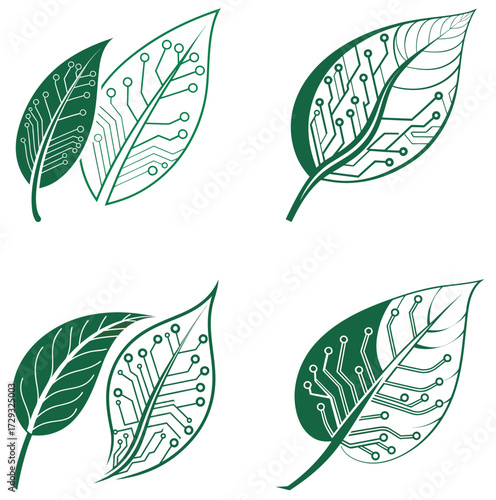 Green Leaf Circuit Vector – Organic Nature Transforming into Digital Technology on White Background