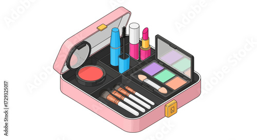 Stylized cosmetic organizer filled with assorted makeup essentials kit