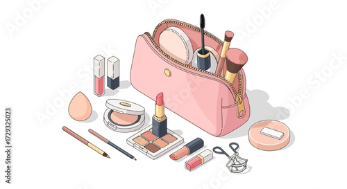 Stylized cosmetic illustration featuring an organized arrangement with a makeup bag