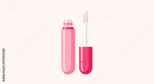 Stylized illustration of pink lip gloss tube and applicator on white