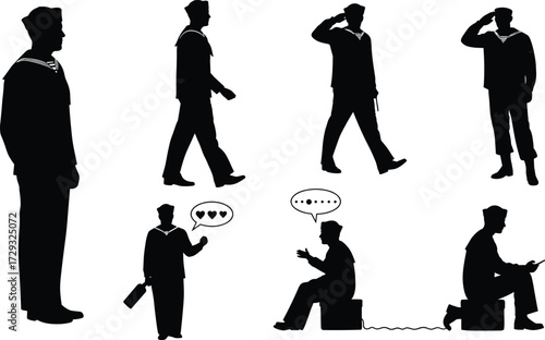 Silhouette of a sailor or navy man in different poses, including standing, walking, saluting, and sitting on a white background