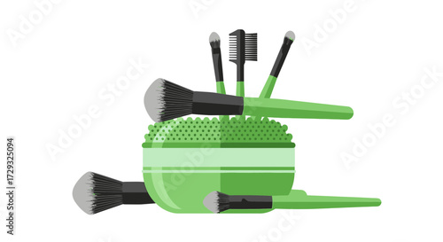 Stylized Makeup Brushes with a Textured Green Bowl, Beauty and Fashion