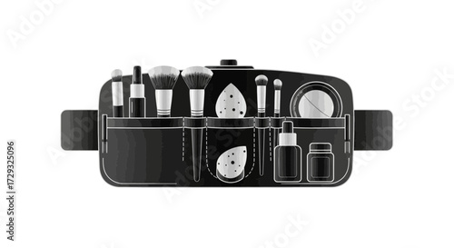 Stylized makeup artist kit featuring brushes, sponges, and beauty products