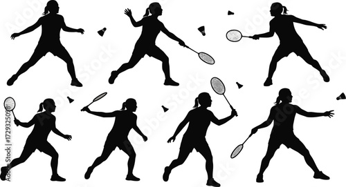 Black silhouette badminton players in action poses with shuttlecock, racket swings, sports training, competition, athletic movement, dynamic game illustration vector