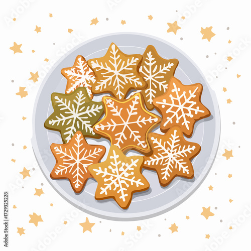 A plate of freshly baked Christmas cookies shaped like snowflakes and stars sprinkled with sugar.