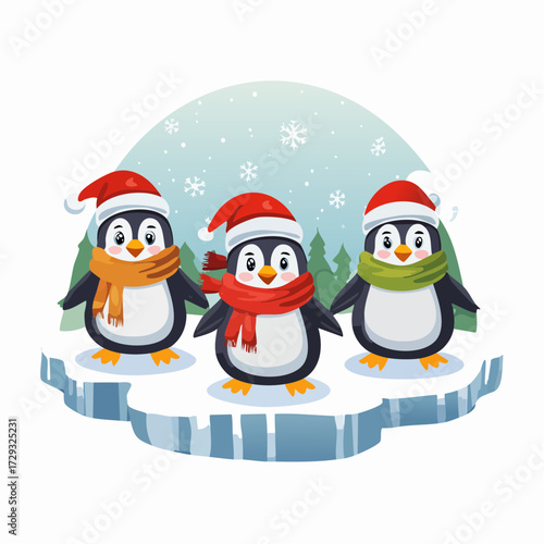 A group of cheerful penguins sliding on ice wearing Santa hats and scarves in frosty surroundings.