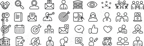 Business communication icons, teamwork symbols, office collaboration, strategy elements, meeting visuals, productivity tools, corporate line art, black and white outline, minimal business graphics