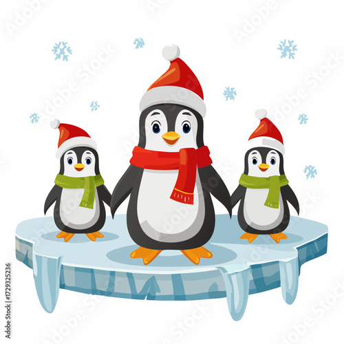 A group of cheerful penguins sliding on ice wearing Santa hats and scarves in frosty surroundings.