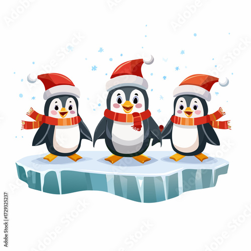 A group of cheerful penguins sliding on ice wearing Santa hats and scarves in frosty surroundings.