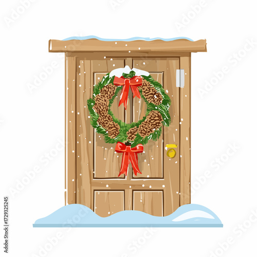 A festive wreath with pinecones, berries, and ribbons hung on a snow-dusted wooden door.