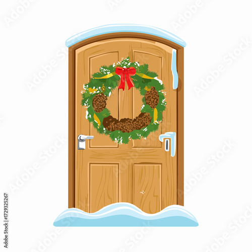 A festive wreath with pinecones, berries, and ribbons hung on a snow-dusted wooden door.