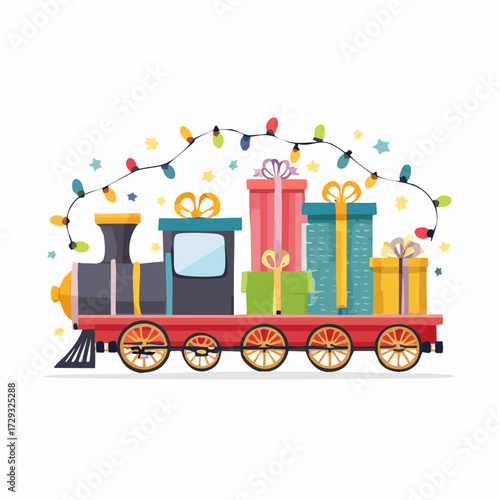A toy train set surrounded by wrapped Christmas presents and tiny sparkling fairy lights.