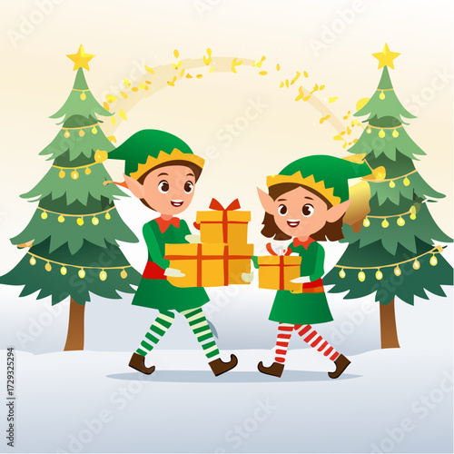 Elves carrying stacks of presents through a snowy forest with golden fairy lights glowing softly around.