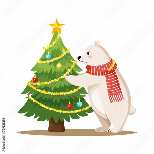 A polar bear wearing a knitted scarf decorating a miniature Christmas tree with gold tinsel.