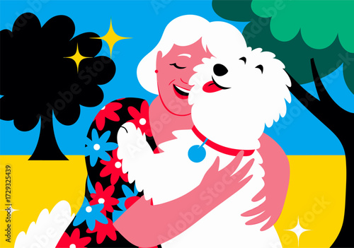 Joyful Senior Woman Hugging Fluffy White Dog in Park - Pet Companionship