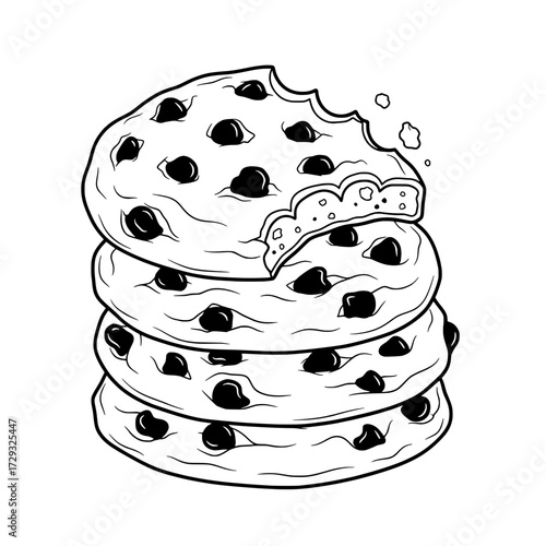 Sweet Temptation: A tempting stack of chocolate chip cookies, one with a satisfying bite taken, offering a taste of simple, classic indulgence.
