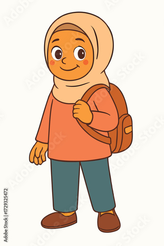Student hijab woman carrying backpack, cartoon art.