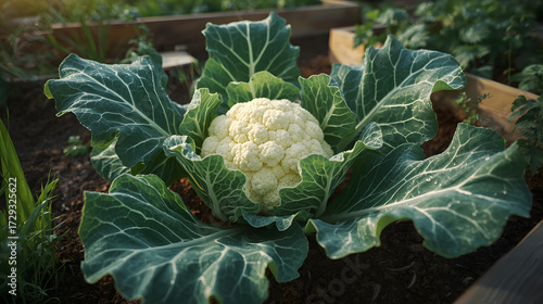 Fresh Cauliflower Head in Garden Bed with Green Leaves