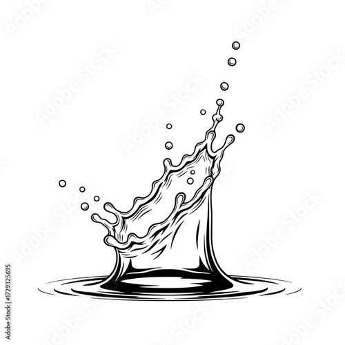 Water Crown in Monochrome: A black-and-white illustration of a water splash, showcasing a precise capture of water's dynamic and fluid forms, like a perfect crown.
