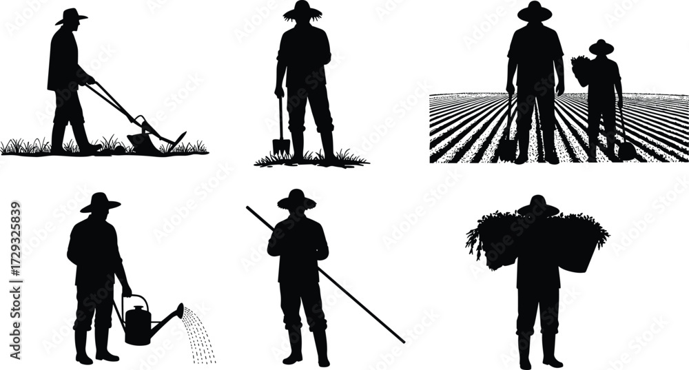 Obraz premium Silhouette set of farmers, with hoes, shovels, and watering cans, standing in a field and carrying a harvest on a white background