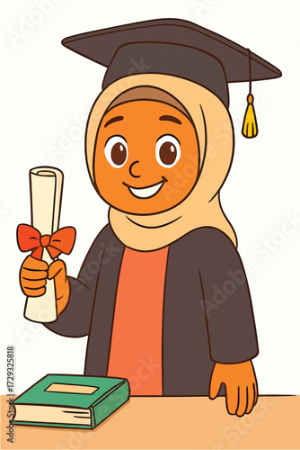 Smiling hijab student with diploma, cartoon illustration.