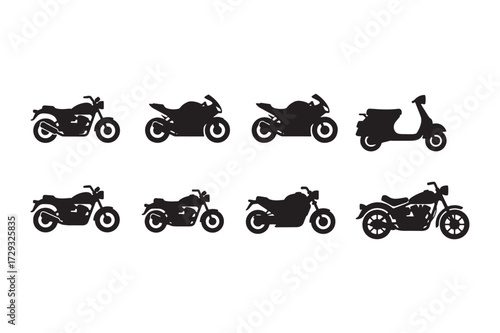 Collection of eight distinct motorcycle and scooter silhouettes in a row on white