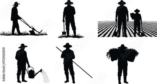 Silhouette set of farmers, with hoes, shovels, and watering cans, standing in a field and carrying a harvest on a white background