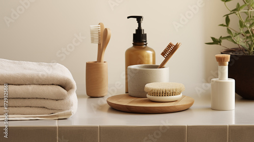 Elevate your self care routine with natural bamboo toothbrushes, soft towels, and elegant dispenser for a serene bathroom oasis experience