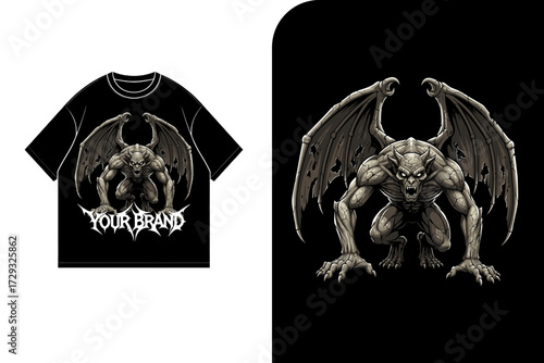 T-shirt mockup displaying a gargoyle graphic design with wings and a menacing expression on a black background.