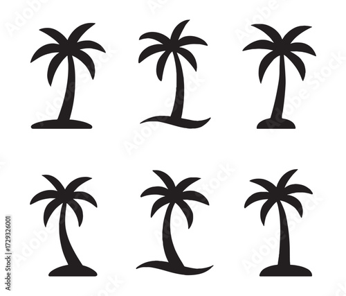 Set of six black silhouette palm trees with sandy bases representing tropical paradise and summer vacation