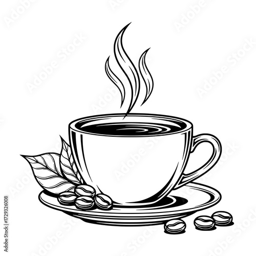 Aromatic Coffee Cup: An alluring illustration of a steaming coffee cup with beans, inviting the viewer to imagine the rich aroma and warmth.