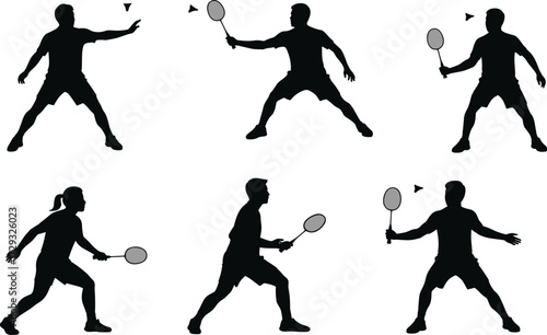 Black silhouette vector illustration of badminton players in multiple action poses with racket and shuttlecock, sports activity design for stock