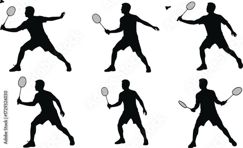 Black silhouette vector illustration of badminton players in multiple action poses with racket and shuttlecock, sports activity design for stock