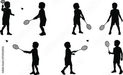 Black silhouette vector illustration of badminton players in multiple action poses with racket and shuttlecock, sports activity design for stock