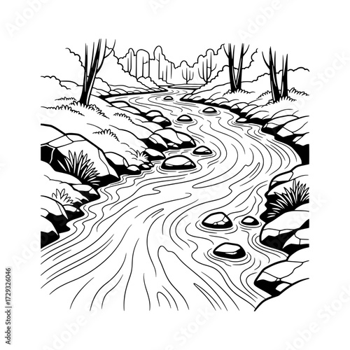 Tranquil River Landscape: A serene monochromatic illustration captures the essence of nature's flow. A winding river carves its path through a landscape, with water gently navigating around the rocks.