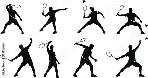 Black silhouette vector illustration of badminton players in multiple action poses with racket and shuttlecock, sports activity design for stock